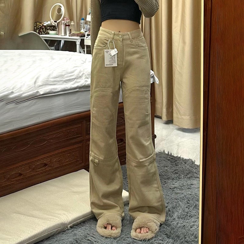 Khaki High Waist Denim Overalls Loose Slim Casual 2025 Design All-Match Micro-Pants Fashion - Image 3