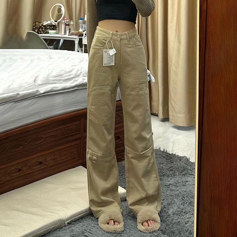 Khaki High Waist Denim Overalls Loose Slim Casual 2025 Design All-Match Micro-Pants Fashion - Image 5