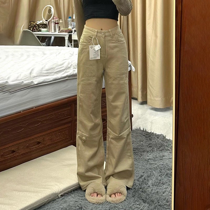 Khaki High Waist Denim Overalls Loose Slim Casual 2025 Design All-Match Micro-Pants Fashion - Image 4