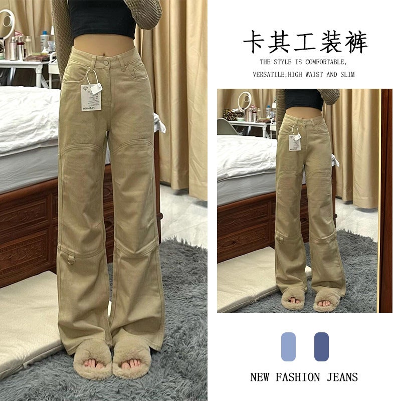 Khaki High Waist Denim Overalls Loose Slim Casual 2025 Design All-Match Micro-Pants Fashion - Image 2