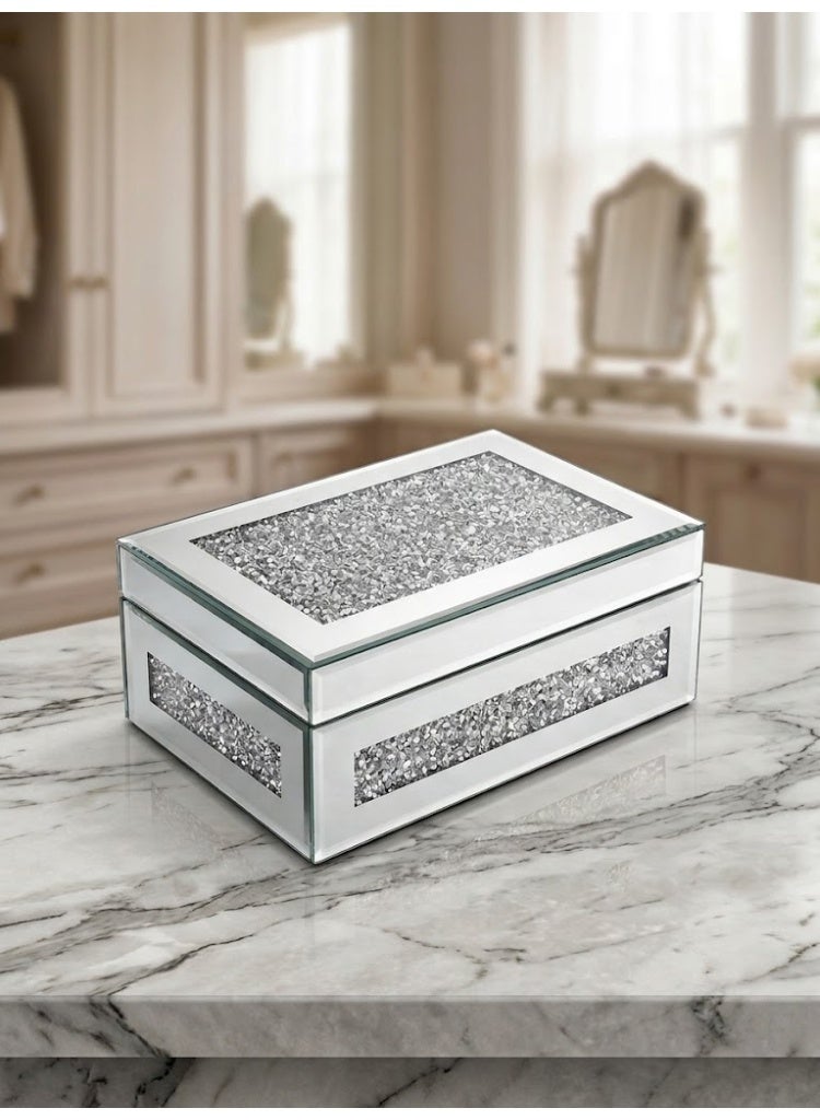 Luxury Mirrored Jewelry Organizer Box with Crushed Diamond Detailing & Grey Velvet Interior - Image 1