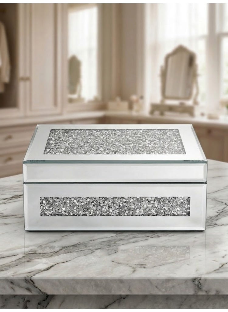 Luxury Mirrored Jewelry Organizer Box with Crushed Diamond Detailing & Grey Velvet Interior - Image 3
