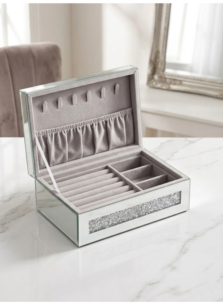 Luxury Mirrored Jewelry Organizer Box with Crushed Diamond Detailing & Grey Velvet Interior - Image 2
