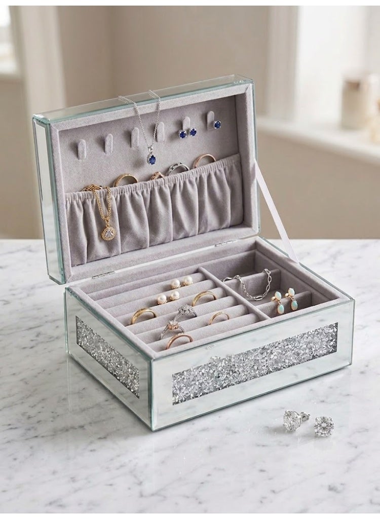 Luxury Mirrored Jewelry Organizer Box with Crushed Diamond Detailing & Grey Velvet Interior - Image 4