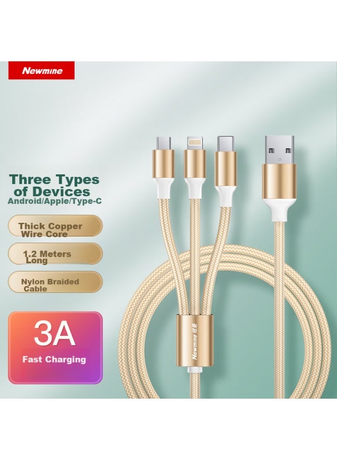 Newmine Apple/type-c/android Usb-c 3-in Charging Cable, Compatible With Iphone 14/13 Pro Max/xiaomi/huawei Phones And Tablets, Gold - Image 1