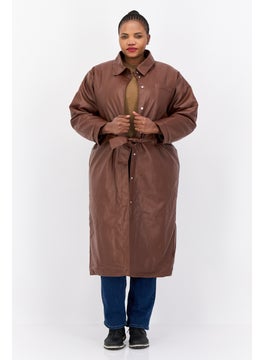 Women Plain Belted 90s Oversized Trench Coat, Dark Brown
