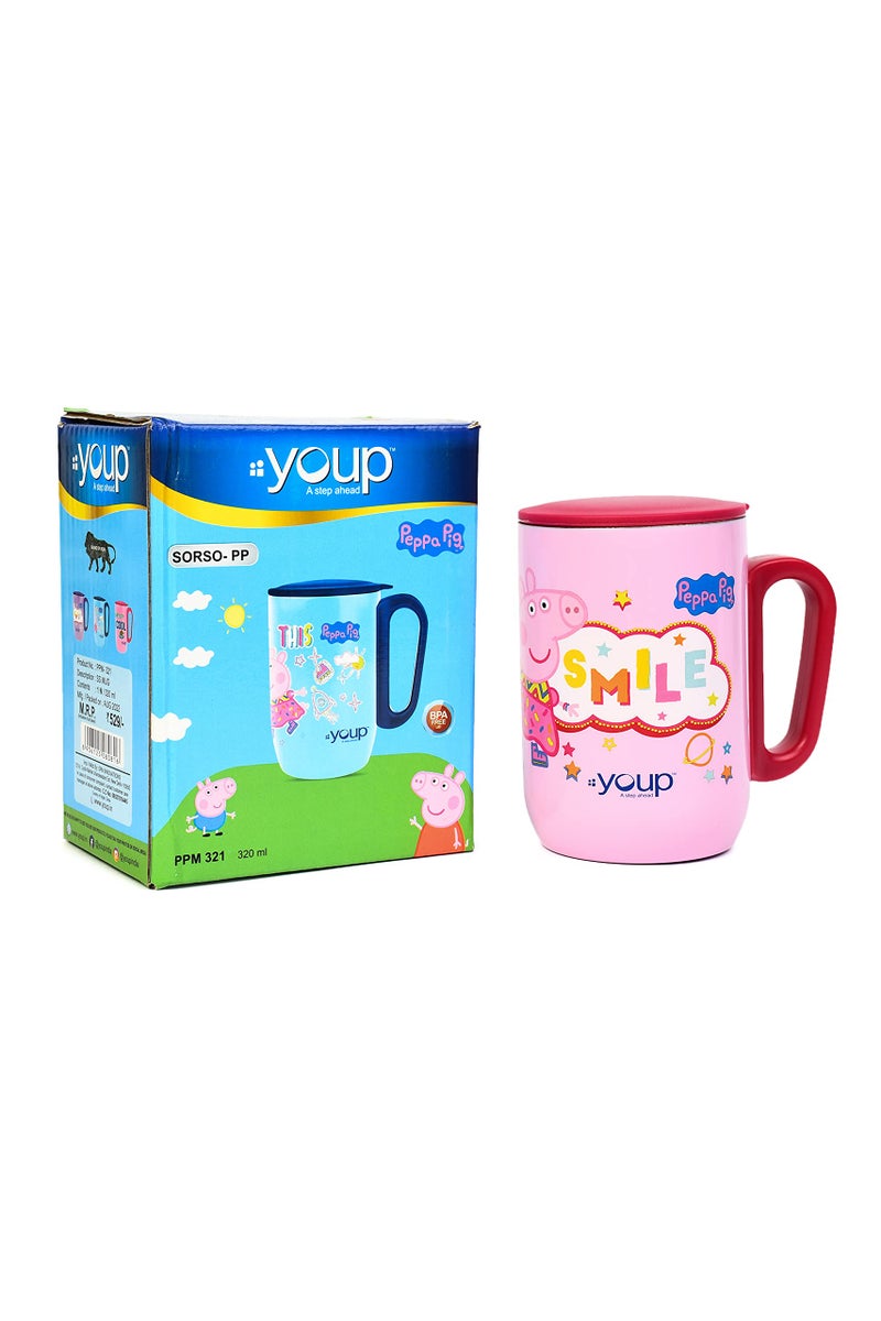 YOUP Stainless Steel Pink Color Peppa Pig Smile Kids Insulated Mug with Cap - 320 ml - Image 1