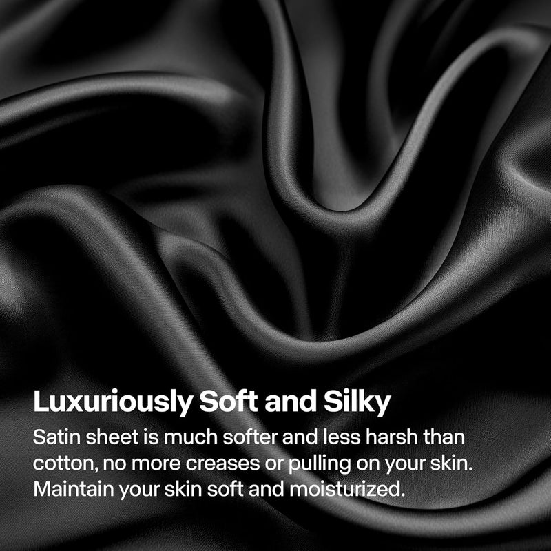 BEDELITE King Size Sheets Set, Luxury Soft Black Satin Sheets for Hair and Skin, Similar to Silk Bed Sheets Set 4 Pieces with 1 Deep Pocket Fitted Sheet, 1 Flat Sheet, and 2 Pillowcases - Image 3