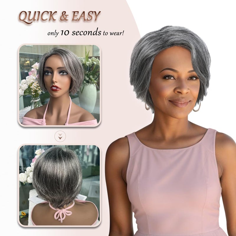HUA Grey Human Hair Pixie Cut Wigs for Black Women - Mixed 8 Inch Short Salt and Pepper Straight Layered Grey Wigs with Natural Wave - Image 4