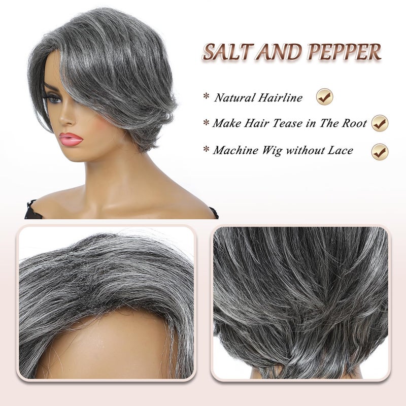 HUA Grey Human Hair Pixie Cut Wigs for Black Women - Mixed 8 Inch Short Salt and Pepper Straight Layered Grey Wigs with Natural Wave - Image 5