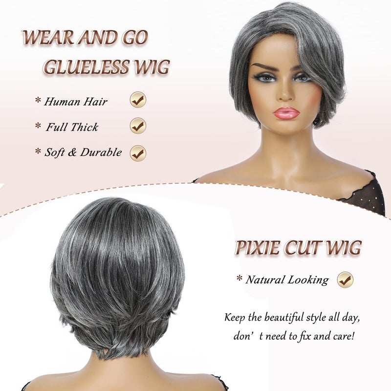 HUA Grey Human Hair Pixie Cut Wigs for Black Women - Mixed 8 Inch Short Salt and Pepper Straight Layered Grey Wigs with Natural Wave - Image 3