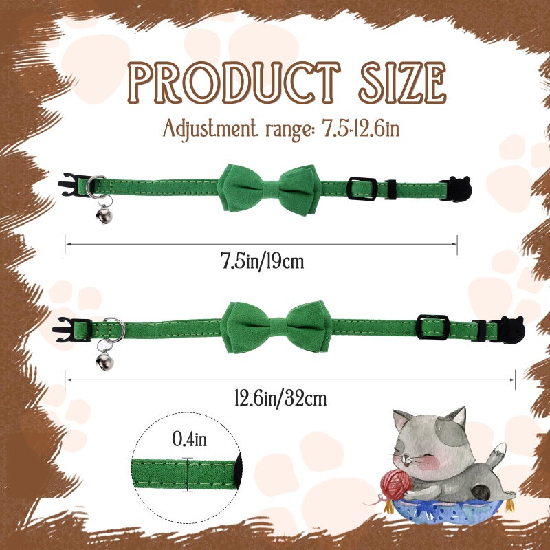Sliverdew 2 Pcs Bowtie Cat Collar with Bell Breakaway Cat Collars Cute Boy Kitten Collar Adjustable Small Puppy Safety Collar Solid Color Plaid Pet Collar (Green) - Image 2