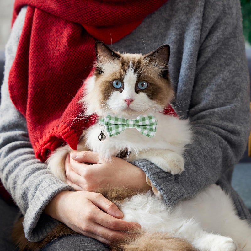 Sliverdew 2 Pcs Bowtie Cat Collar with Bell Breakaway Cat Collars Cute Boy Kitten Collar Adjustable Small Puppy Safety Collar Solid Color Plaid Pet Collar (Green) - Image 5