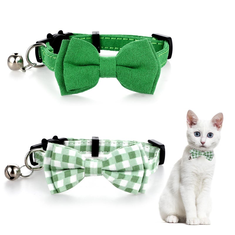 Sliverdew 2 Pcs Bowtie Cat Collar with Bell Breakaway Cat Collars Cute Boy Kitten Collar Adjustable Small Puppy Safety Collar Solid Color Plaid Pet Collar (Green) - Image 1