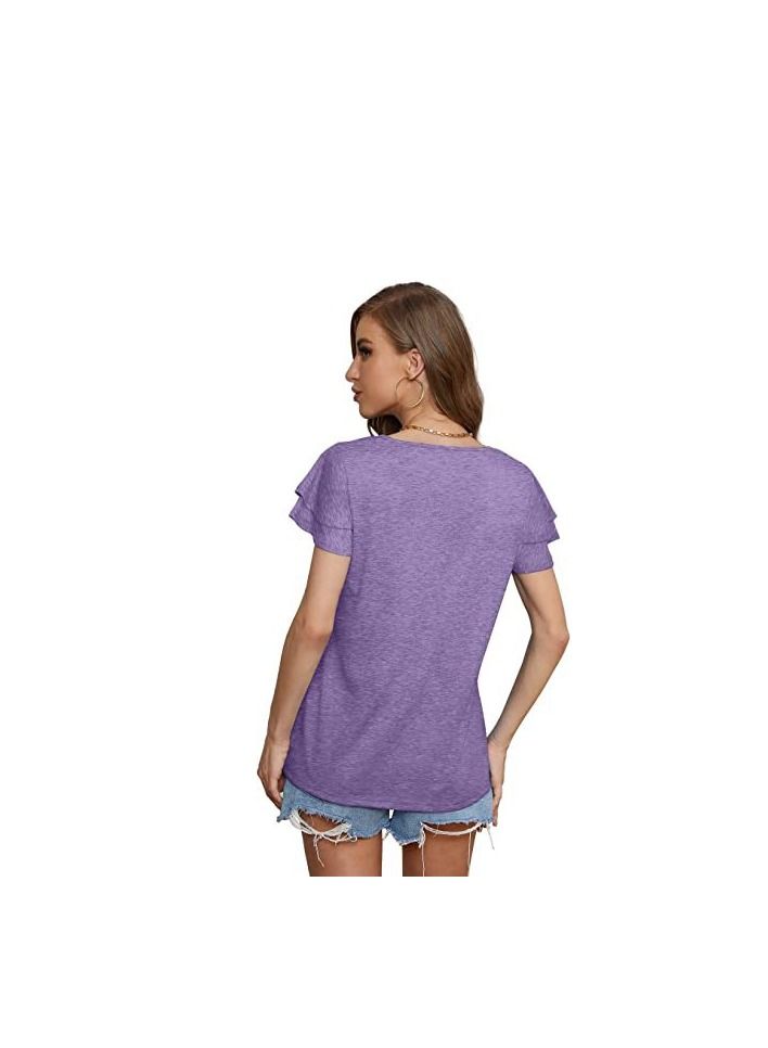 Loquat New Women's V-neck Double-layer Lotus Leaf Short Sleeve T-Thirt  - Image 2