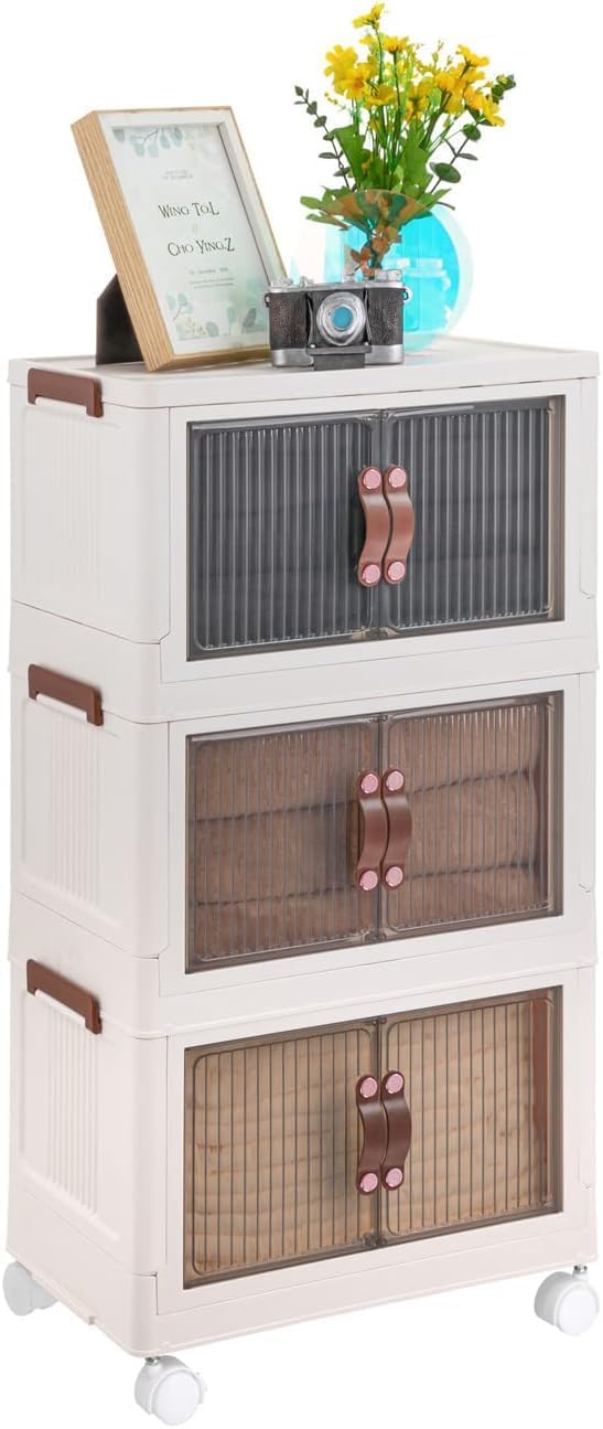 Fodgo Fodgo Storage Organizer Folding Stackable Storage Cabinet with Doors and Foldable Wardrobe Plastic Drawers Storage for Bedroom Living Room and Office 3 pcs - Image 1