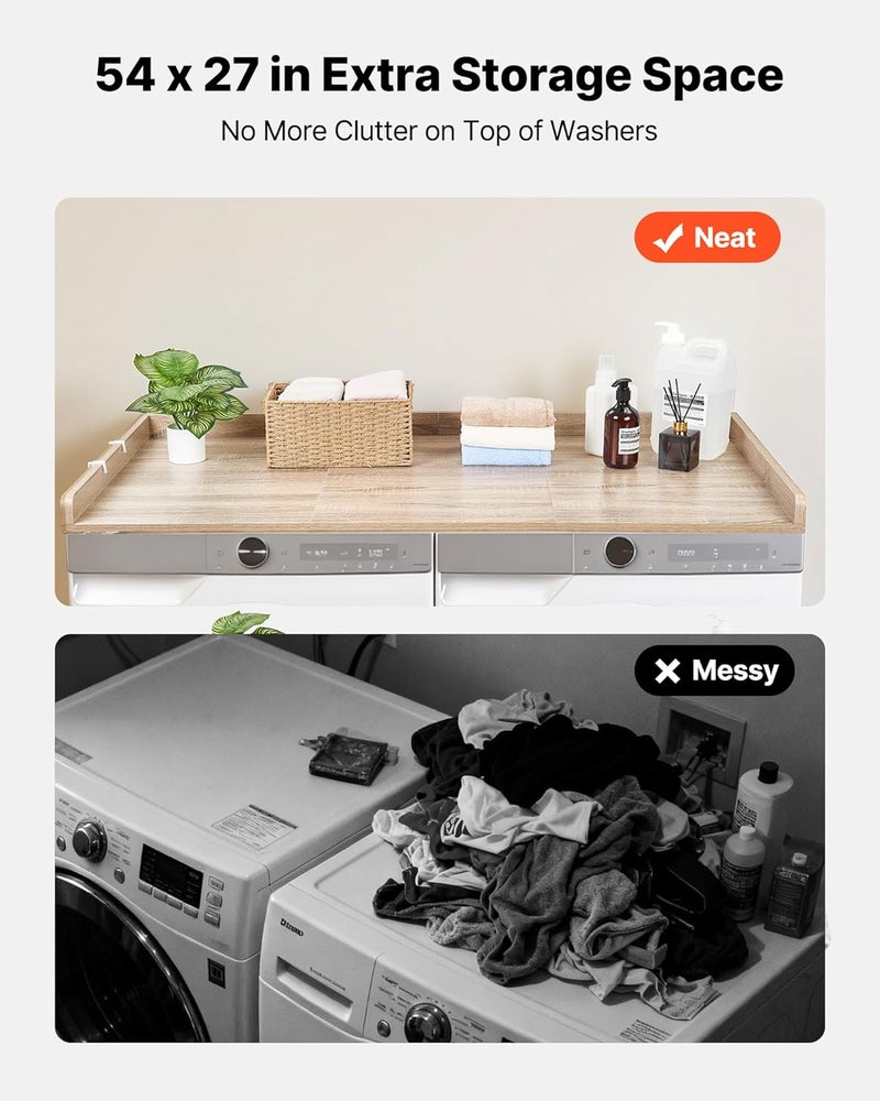 VEVOR Washer Dryer Countertop with 3 Splicing Panels, 54" x 27" Wooden Washer and Dryer Countertop with 2 Hooks, Water-Resistant Laundry Topper for Laundry Room Organization and Storage, Oak - Image 3