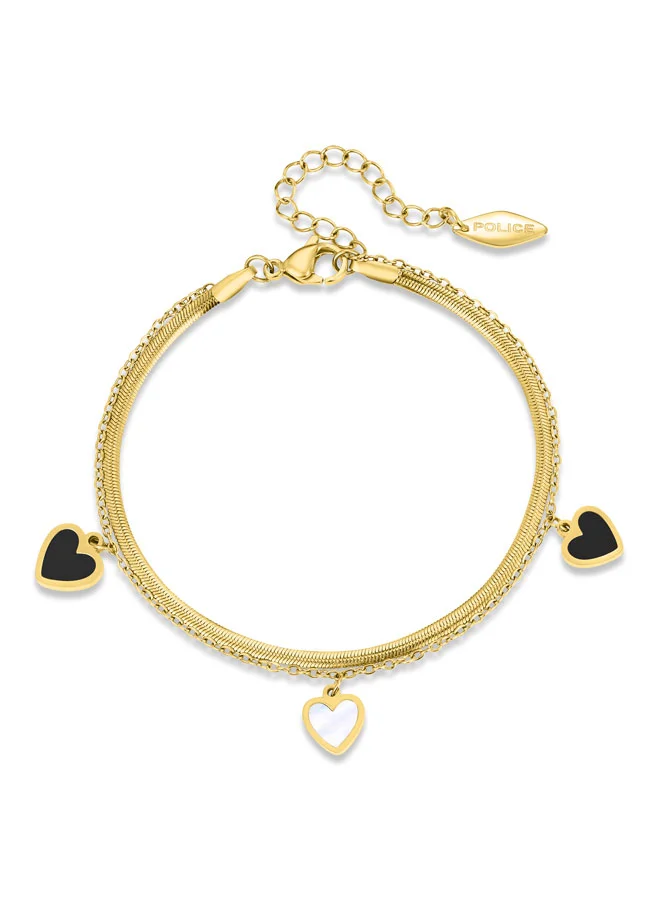 POLICE Devote Bracelet for Women Twin layered with Black and White Hearts, Gold-Plated Chains
