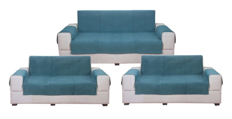 Nendle Plain Solid Quilted Universal Velvet Anti-Skid Protetcor Sofa Covers L Shape 7 Seater of Type 3+2+2 with Armrest Cover Attached (Aqua, Pack of 3) - Image 2