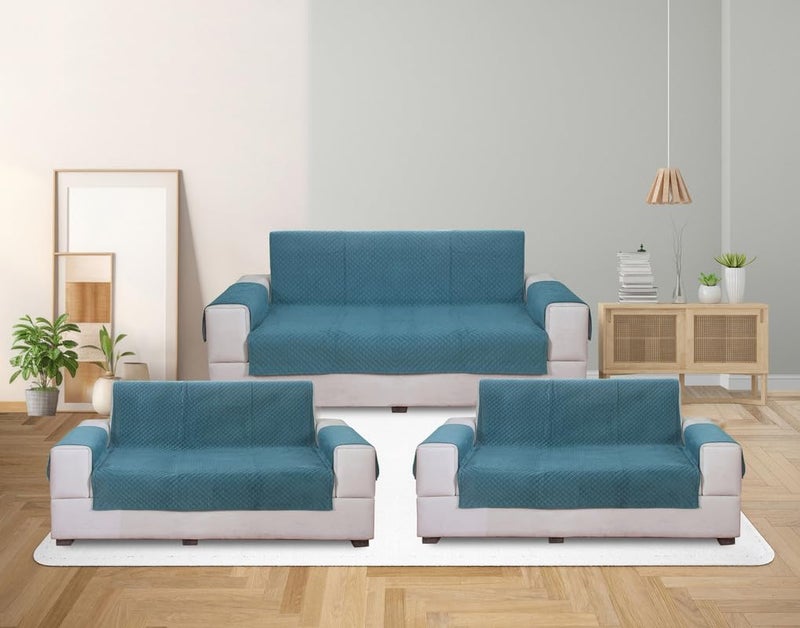 Nendle Plain Solid Quilted Universal Velvet Anti-Skid Protetcor Sofa Covers L Shape 7 Seater of Type 3+2+2 with Armrest Cover Attached (Aqua, Pack of 3) - Image 1