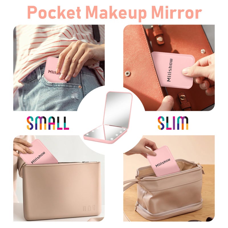 Milishow Milishow Compact Mirror  1x/3x Magnifying LED Pocket Mirror  Small Lighted Travel Makeup Mirror for Purse  Handbag  Folding  Handheld  2-Sided Mini Mirror with Lights for Women (Pink 1pack) - Image 5