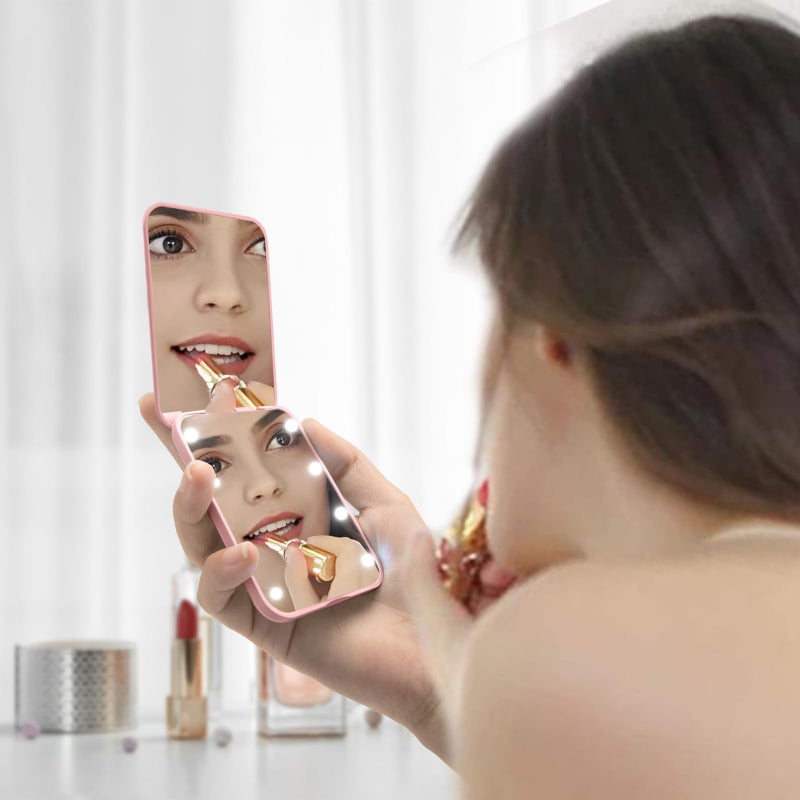 Milishow Milishow Compact Mirror  1x/3x Magnifying LED Pocket Mirror  Small Lighted Travel Makeup Mirror for Purse  Handbag  Folding  Handheld  2-Sided Mini Mirror with Lights for Women (Pink 1pack) - Image 3