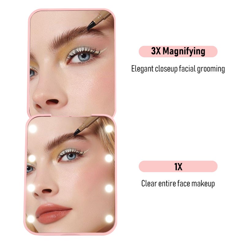 Milishow Milishow Compact Mirror  1x/3x Magnifying LED Pocket Mirror  Small Lighted Travel Makeup Mirror for Purse  Handbag  Folding  Handheld  2-Sided Mini Mirror with Lights for Women (Pink 1pack) - Image 2