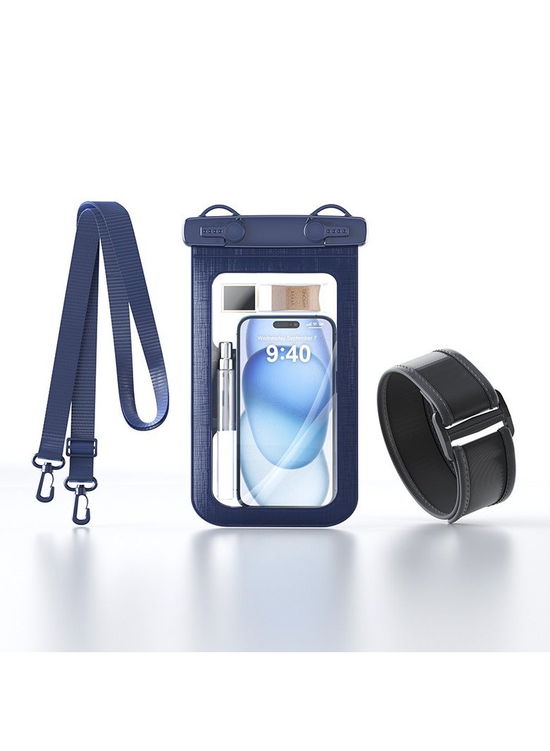 2-in-1 Waterproof Phone Pouch Waterproof Phone Case Underwater Waterproof Phone Pouch with Double Hook Lanyard and Detachable Strap for Large Phones up to 8.5''，Waterproof Bags for Diving Vacation Beach Pool Kayak (Dark Blue)D012-2