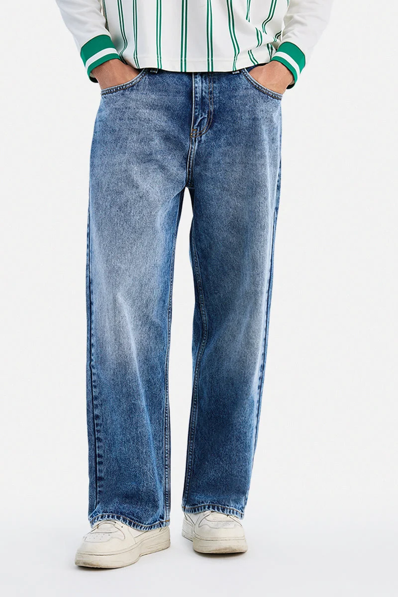 سنيتش Blue Solid Loose Fit Streetwear Jeans