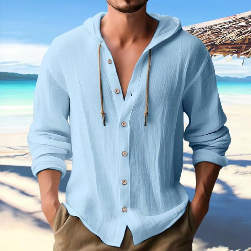 Generic Cross-border Mens Sports Casual Long Sleeve Shirt Cotton Linen Hooded Fashion Sweatshirt Trendy All-match Loose Beach T-shirt Sky blue 