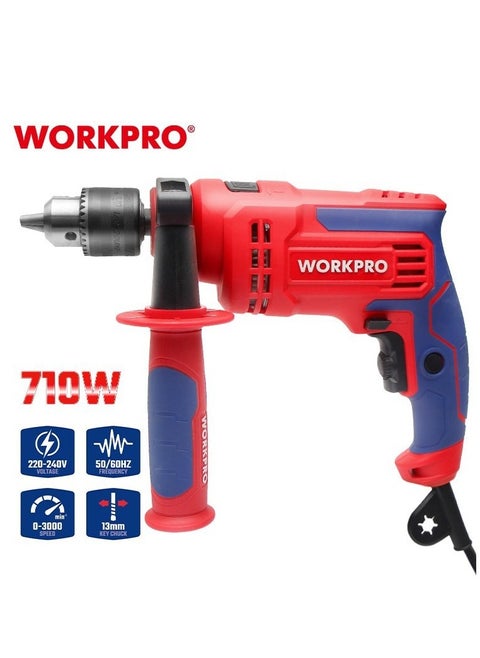 Professional Electric Drill, 710 Watts, Size 13 mm, Multi-Functional, Disassembly And Drilling, With SDS Plus Mounting Handle And Speed Control And Stabilization Feature.