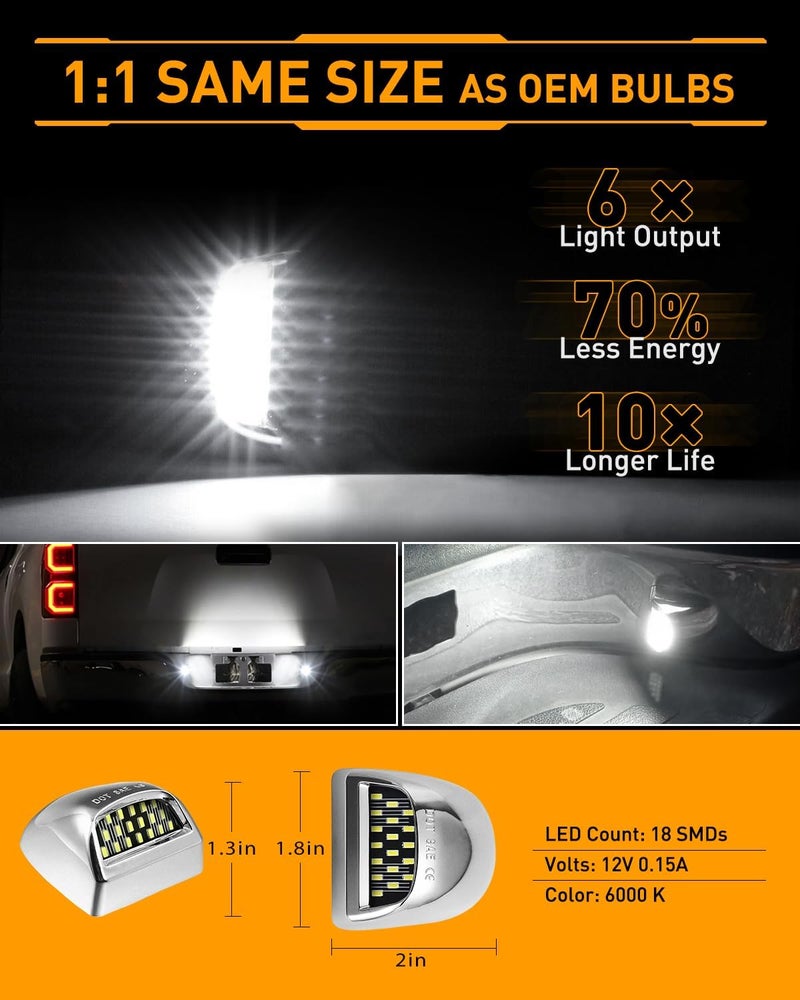 LESAUCE Full LED License Plate Light Chrome Housing Tag Lamp Assembly Replacement for Chevy Silverado 1500 2500 3500 Suburban Tahoe GMC Sierra Yukon XL, 6000K White, Pack of 2 - Image 3