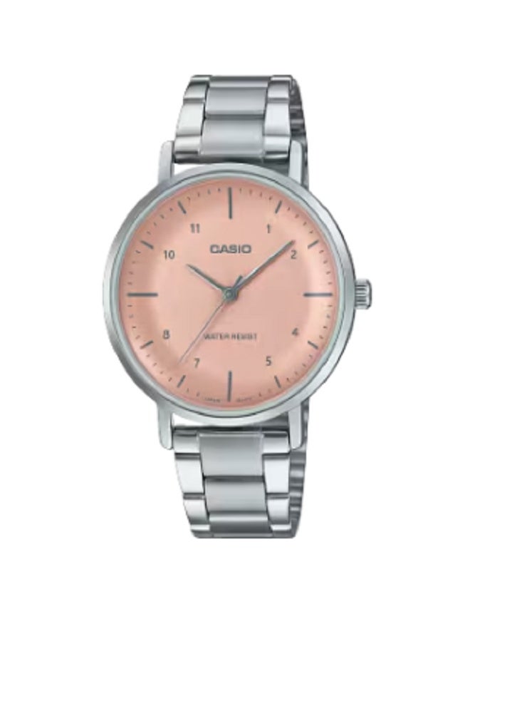 ساعة كاسيو النسائية التناظرية المصنوعة من الفولاذ المقاوم للصدأ ومينا باللون الذهبي الوردي - سوار فضي، أناقة بسيطة، وحركة كوارتز دقيقة