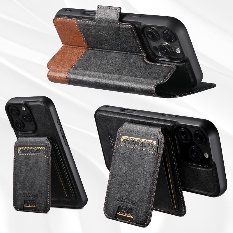 Suteni For Iphone 13 Q06S2 3-In-1 Detachable Vertical Flip Wallet Magsafe Splicing Leather Phone Case(Black) - Image 3