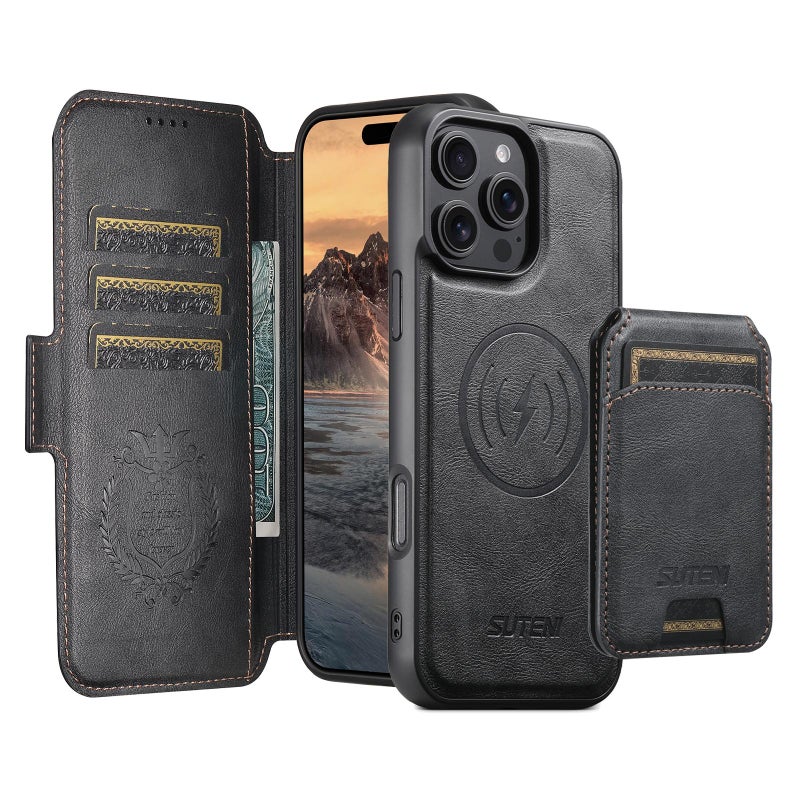 Suteni For Iphone 13 Q06S2 3-In-1 Detachable Vertical Flip Wallet Magsafe Splicing Leather Phone Case(Black) - Image 2