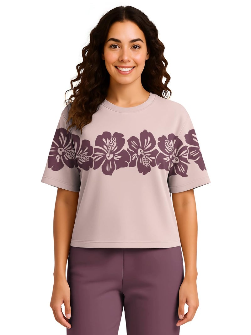 HELLCAT Trendy Printed Oversized Fit Crew-Neck Crop Tshirt for Women_Lavender_X-Large - Image 1