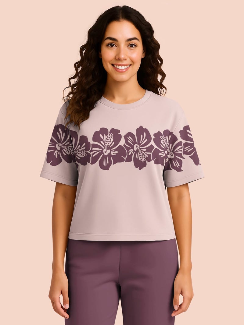 HELLCAT Trendy Printed Oversized Fit Crew-Neck Crop Tshirt for Women_Lavender_X-Large - Image 2