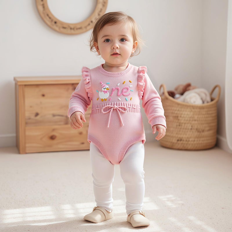 Xnqiwq Baby Girl 1st Birthday Outfit One Silly Goose Sweater Romper Ruffle Long Sleeve Knit Bodysuit Cake Smash Clothes (Pink, 12-18 Months) - Image 3
