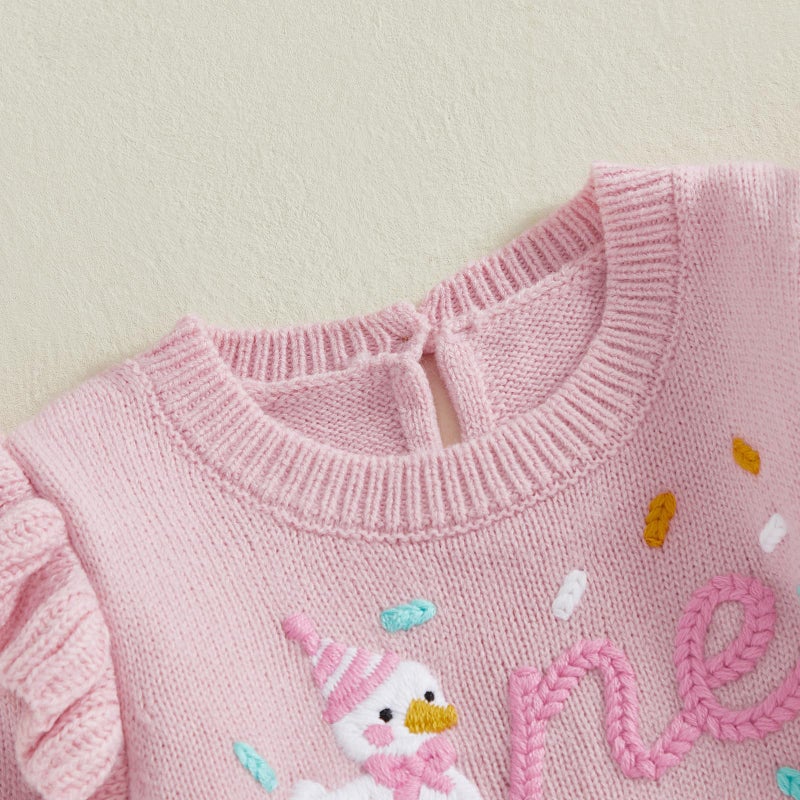 Xnqiwq Baby Girl 1st Birthday Outfit One Silly Goose Sweater Romper Ruffle Long Sleeve Knit Bodysuit Cake Smash Clothes (Pink, 12-18 Months) - Image 5