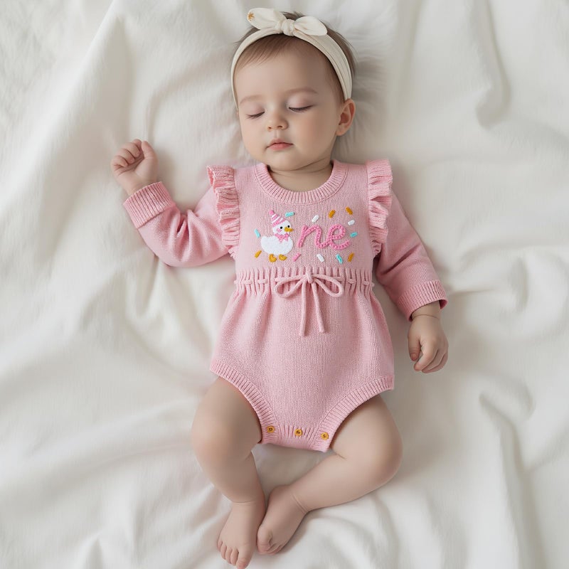Xnqiwq Baby Girl 1st Birthday Outfit One Silly Goose Sweater Romper Ruffle Long Sleeve Knit Bodysuit Cake Smash Clothes (Pink, 12-18 Months) - Image 2