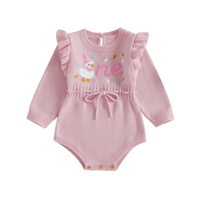 Xnqiwq Baby Girl 1st Birthday Outfit One Silly Goose Sweater Romper Ruffle Long Sleeve Knit Bodysuit Cake Smash Clothes (Pink, 12-18 Months) - Image 1