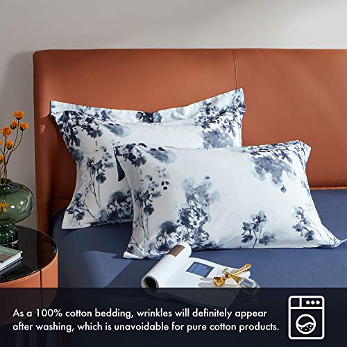 MILDLY 100% Long Staple Cotton Duvet Cover Set Navy Blue Leaves Printed Comforter Cover Set Watercolor Plant Floral Bed Linen Set - Image 5