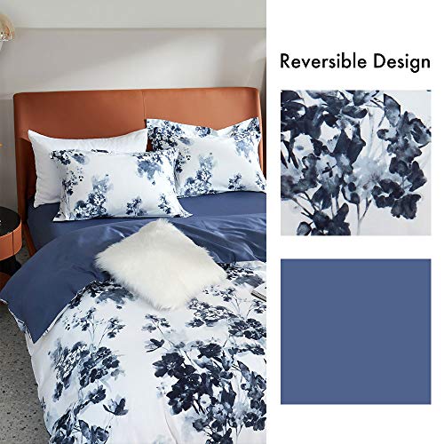 MILDLY 100% Long Staple Cotton Duvet Cover Set Navy Blue Leaves Printed Comforter Cover Set Watercolor Plant Floral Bed Linen Set - Image 3