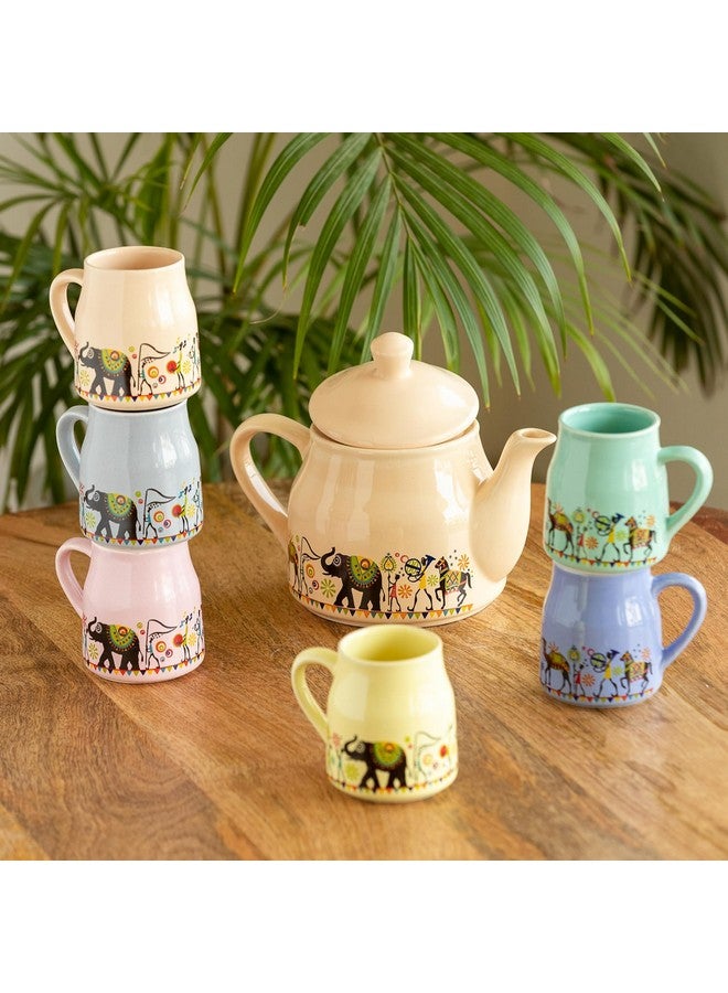 ExclusiveLane طقم إبريق شاي سيراميك مزخرف بفيل من ExclusiveLane مع أكواب (6 أكواب و1 إبريق، آمن في غسالة الصحون والميكروويف) | طقم أكواب شاي وإبريق مصنوع يدويًا من 6 لأكواب الشاي الساخن وقهوة - Image 1