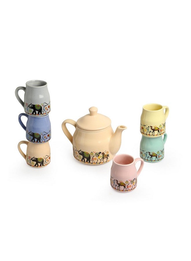 ExclusiveLane طقم إبريق شاي سيراميك مزخرف بفيل من ExclusiveLane مع أكواب (6 أكواب و1 إبريق، آمن في غسالة الصحون والميكروويف) | طقم أكواب شاي وإبريق مصنوع يدويًا من 6 لأكواب الشاي الساخن وقهوة - Image 2