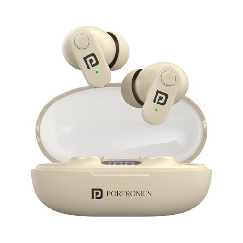 Portronics Harmonics Twins S16 in Ear Wireless TWS Earbuds with 24 Hrs Playtime, Clear Calls, Game & Music Mode, Low Latency, Bluetooth 5.3v, LED Display, Type C Fast Charging(Beige) - Image 1