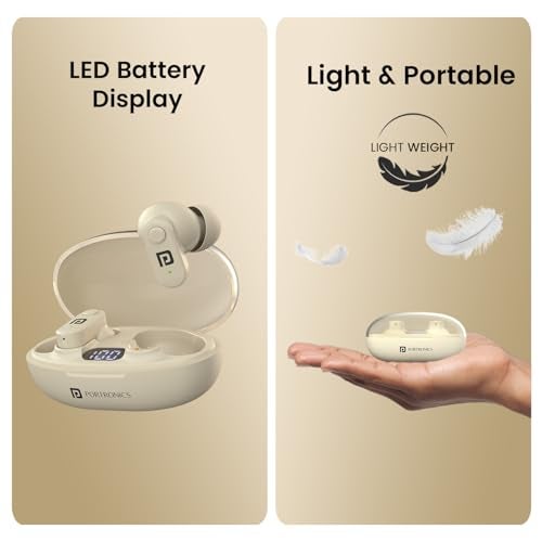Portronics Harmonics Twins S16 in Ear Wireless TWS Earbuds with 24 Hrs Playtime, Clear Calls, Game & Music Mode, Low Latency, Bluetooth 5.3v, LED Display, Type C Fast Charging(Beige) - Image 4