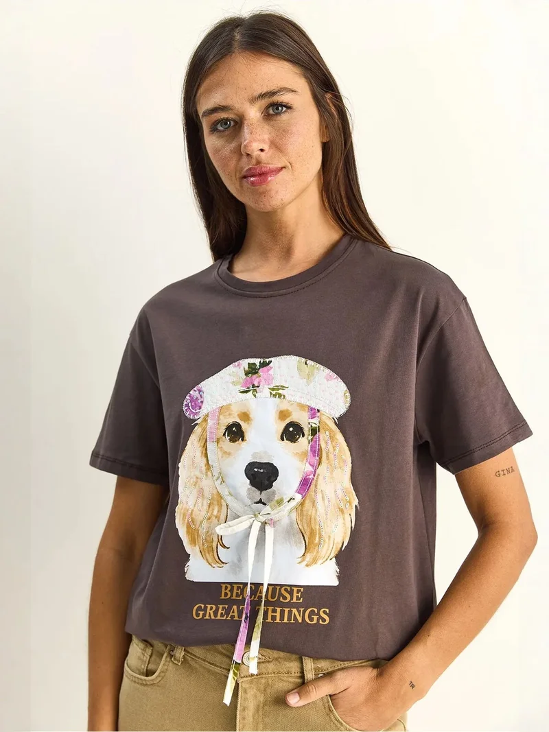بيانكو لوتشي LUCCI Sequin Printed Crew Neck T-Shirt