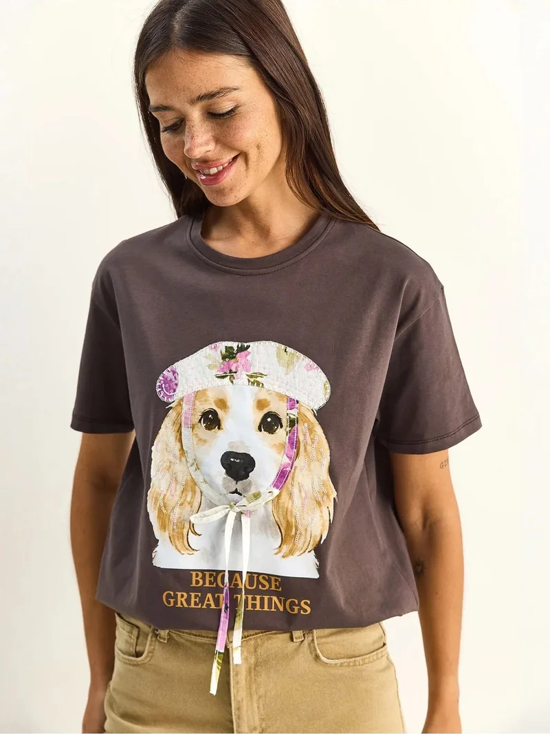 بيانكو لوتشي LUCCI Sequin Printed Crew Neck T-Shirt