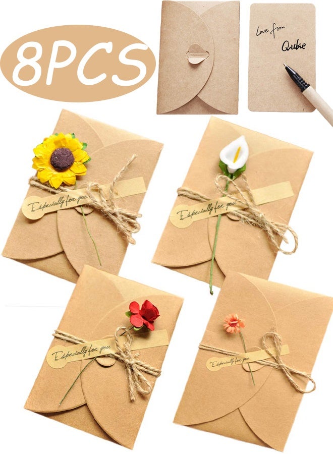 8 قطع من بطاقات الشكر المزينة بزهور من ورق الكرافت المصنوعة يدويًا مع مغلفات بطاقات تهنئة ودعوة ريفية لحفلات الزفاف وأعياد الميلاد والتجمعات العيدية وحفلات استقبال المولود الجديد وملاحظات هدايا العطلات - Image 1